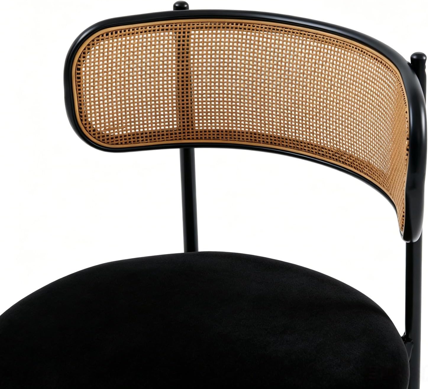 Rattan Dining Chairs Set of 2, Kitchen Chairs with Curved Cane Backrest &Metal Legs, Modern Dining Room Chair, Round Upholstered Sherpa Chair for Living Room, Black