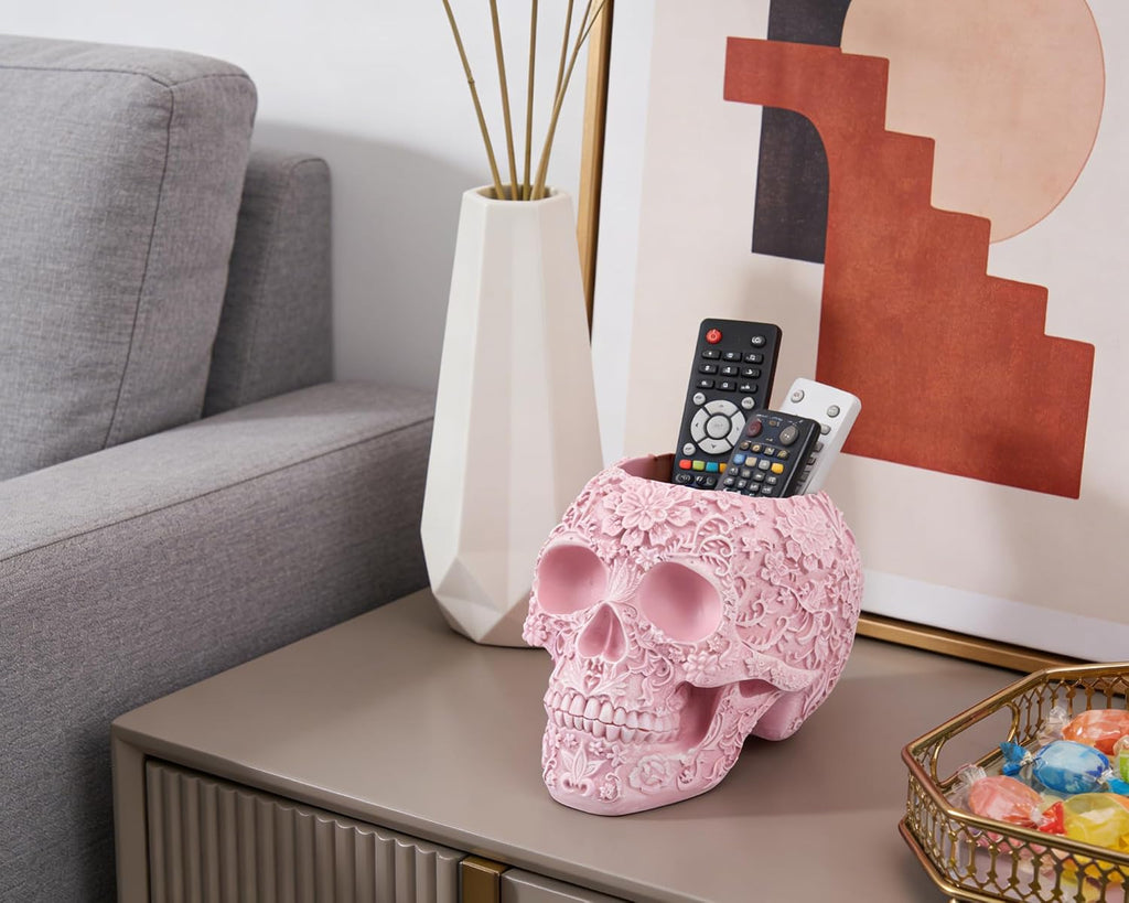 Skull Bowl Decorative Skull Vase Makeup Brush Pen Holder Organizer Dresser Gothic Table Organizer Decoration, Pink Skull Pot Enthusiasts Gifts