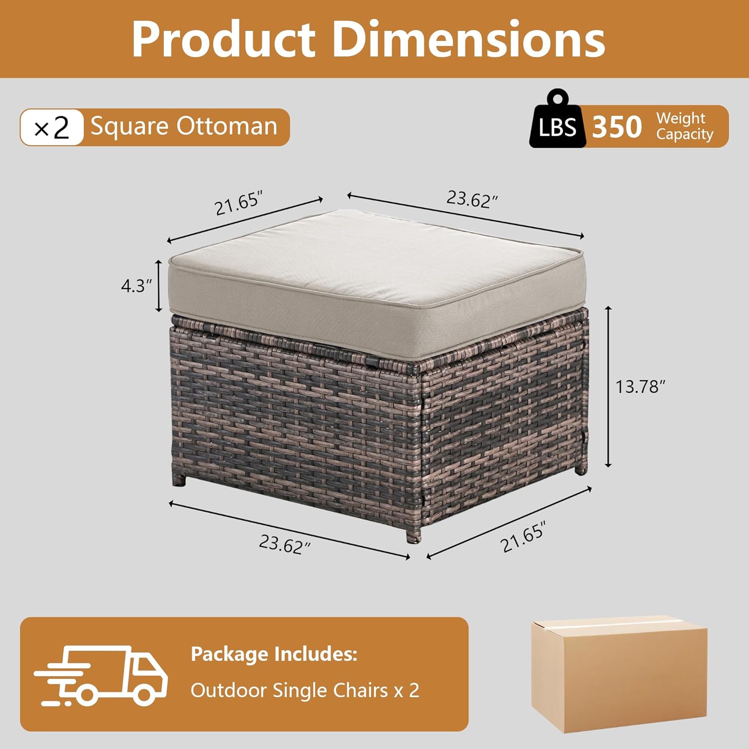 2 Piece Patio Sofa Ottomans with 4.3" Thick Cushions, Wicker Outdoor Couch Extension Set, All-Weather Rattan Seating Accessory for Backyard Furniture,Beige