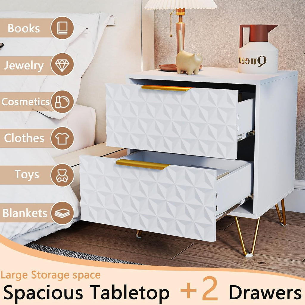 White and Gold Nightstand Set of 2,Modern Bedside Tables Set of 2 with 2 Drawer for Bedroom,End Side Table with Gold Legs for Living Room