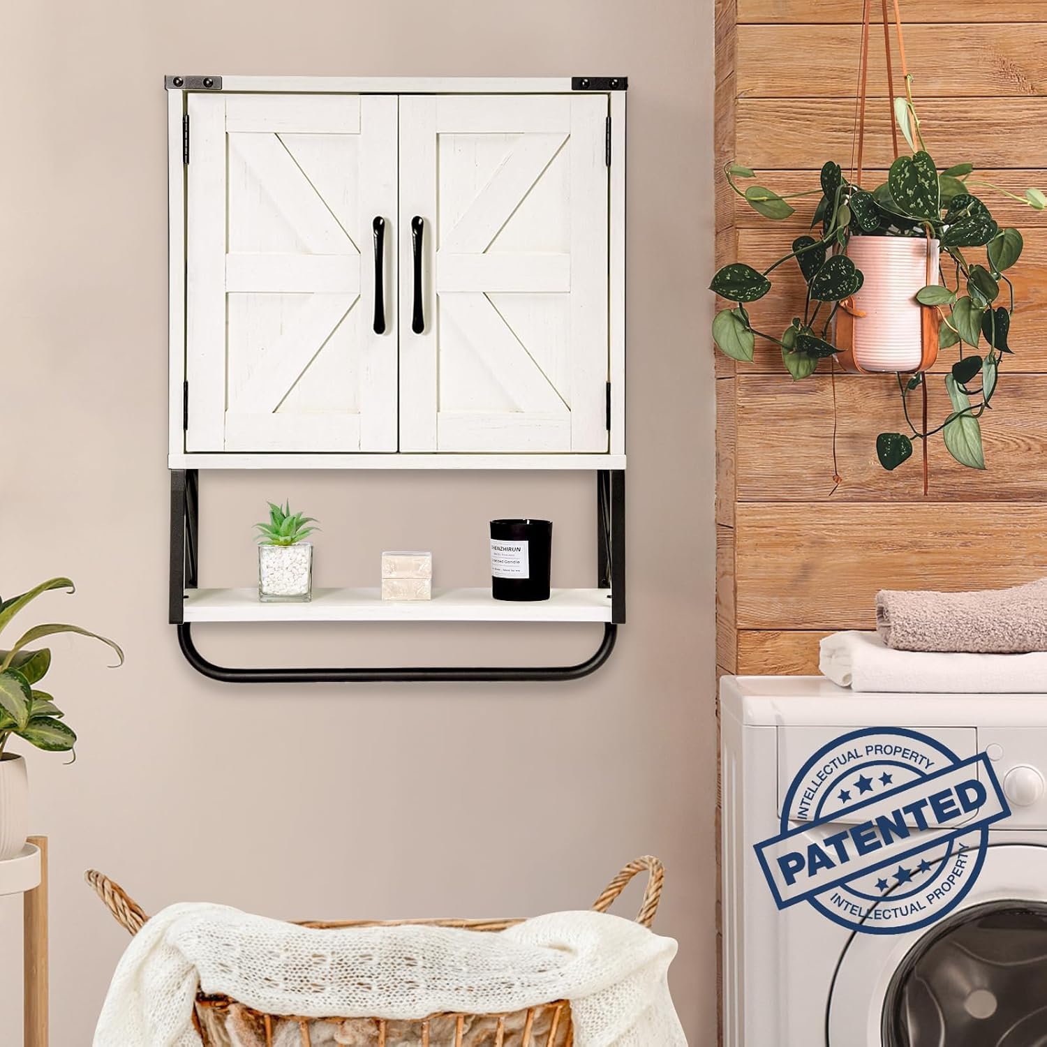 RUSTOWN Farmhouse Medicine Cabinet with 2 Barn Door, Wood Wall Mounted Storage Cabinet with Adjustable Shelf and Towel Bar, 3-Tier Bathroom Cabinet for Bathroom, Living Room(Vintage White, Medium)