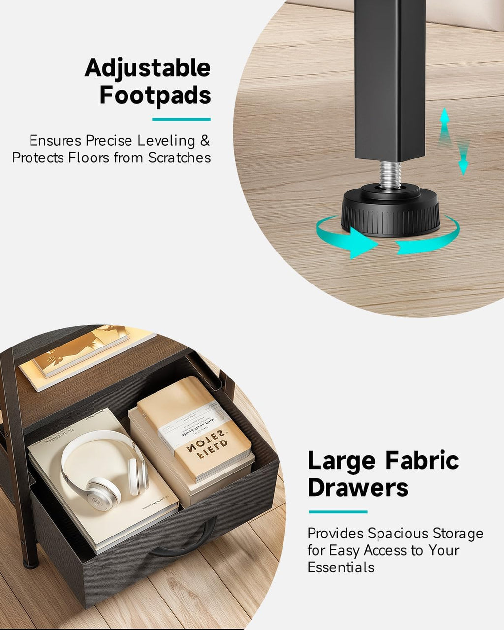 Lazzanto Nightstand with Rear Charging Station, LED Light, 2 Drawers, Black | Industrial Nightstand, 2 USB-A Ports & AC Outlets, Raised Back Guard, Fabric Storage Drawers, Bedside Table for Bedroom, Dorm