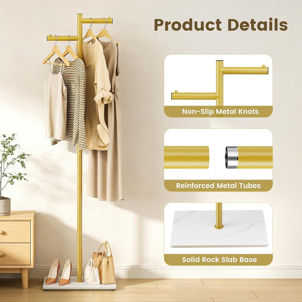 Metal Freestanding Coat Rack, 68.9"H Z-Shaped Coat Tree with Natural Rock Base, Modern Clothes Hanger Stand for Coats, Hats, Bags & Scarves, Ideal for Entryway, Bedroom, Office & Living Room