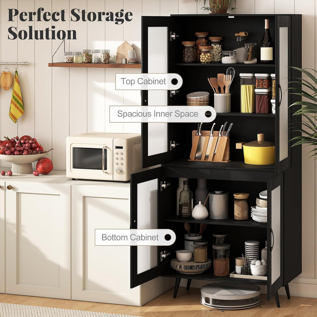 70.5”H Pantry Cabinet, 5-Tier Food Pantry with 4 Transparent Doors & Adjustable Shelves & Metal Legs, Tall Storage Cabinet for Kitchen, Living Room, Dining Room, Home Office, Bathroom (Black)