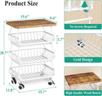 SAYZH Fruit Basket Kitchen Pantry Organizers and Storage - Wooden Top Table, Stackable Metal Wire Basket Stand Cart for Fruit Vegetable Snacks Onion Potato Organization (White, 4 Tiers)