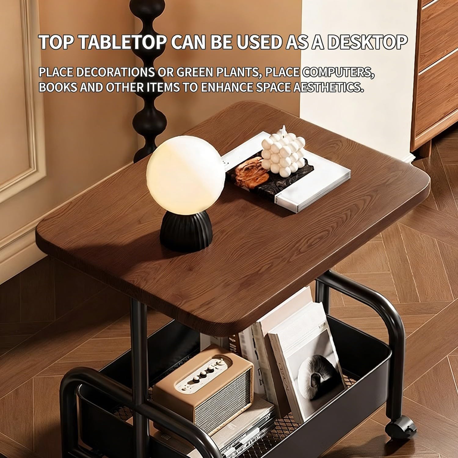 Rolling Sofa Side Table Cart, Movable Storage Nightstand, Multipurpose End Table Accent Cabinet for Living Room Bedroom Small Apartment(Primary,45x30cm)