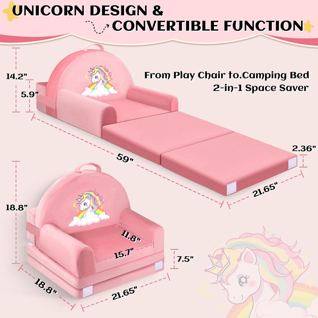 Unicorn Kids Sofa Bed with Removable Washable Cover & Hook and Loop Backrest – Foldable Toddler Chair, Cozy Crystal Velvet Furniture for Playtime, Naps & Travel (Pink, Unicorn Design)