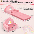 Unicorn Kids Sofa Bed with Removable Washable Cover & Hook and Loop Backrest – Foldable Toddler Chair, Cozy Crystal Velvet Furniture for Playtime, Naps & Travel (Pink, Unicorn Design)