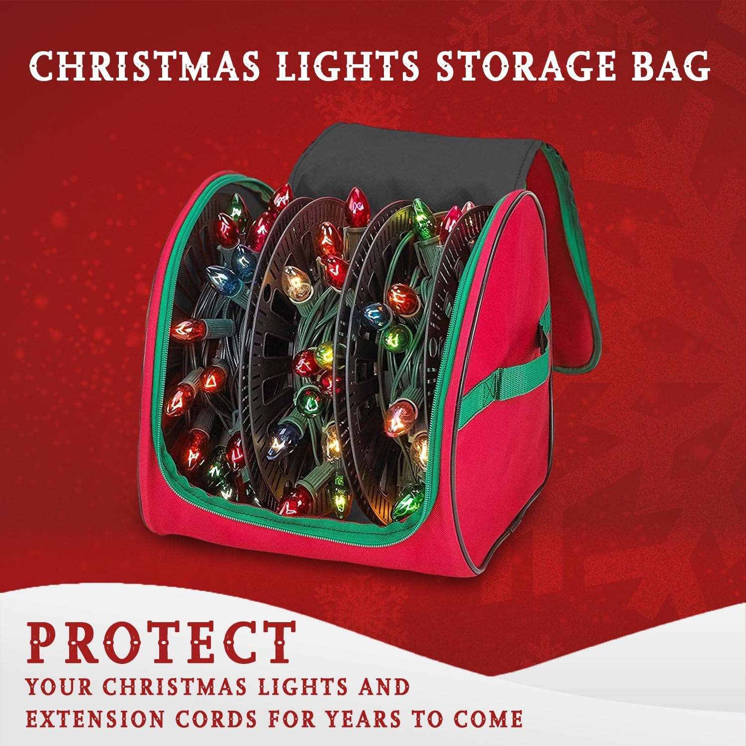 HOLDN’ STORAGE Premium Christmas Light Storage Bag – Heavy Duty Tear Proof 600D/Inside PVC Material with Reinforced Handles - 3 Reels Stores up to 375 Ft of Mini Tree Lights & Extension Cords Red