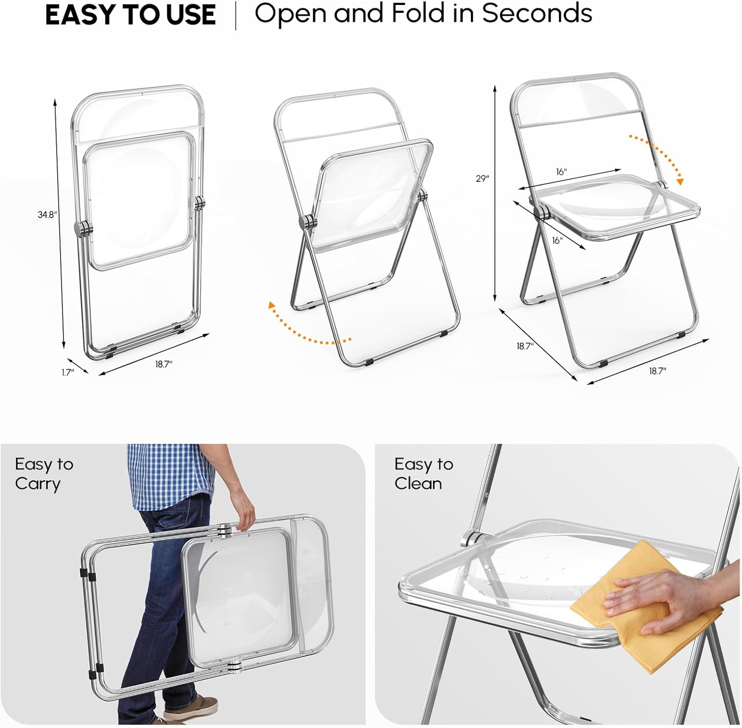 VINGLI Acrylic Folding Chairs 2 Pack, Clear Chair Foldable and Stackable, Plastic Panel & Metal Chrome Frame, Weight Capacity 350 lbs, Transparent
