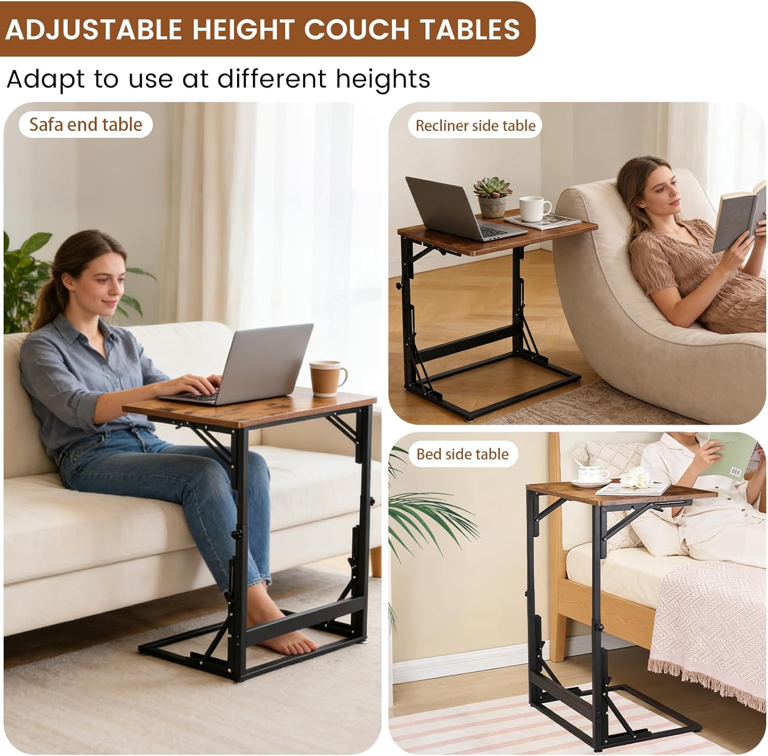Folding Side Table, Adjustable C-Shaped End Table for Couch, Metal Frame TV Tray Table for Sofa Living Bedroom Bedside Coffee Small Spaces (Brown, 23.6" L x 15.8" W)