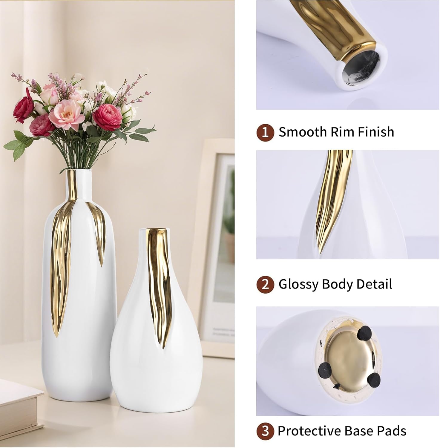 White and Gold Vase Set of 3, Modern Ceramic Decorative Vases for Living Room, Bedroom, Art Decor, Mantle, Home Event Decor, Office Decorative, Weddings, Rustic & Farmhouse (White Gold)