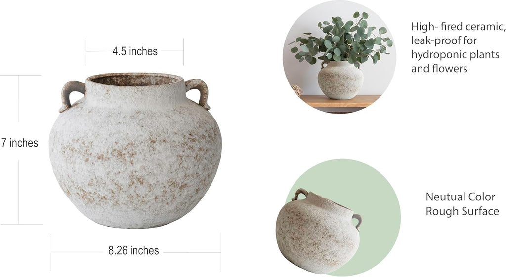Rustic Farmhouse Textured Ceramic Vase with Two Handles, Distressed White Pottery Flower Vase for Centerpiece, Decorative Vases for Living Room, Kitchen, Table Top Decor, Gift & Weddings