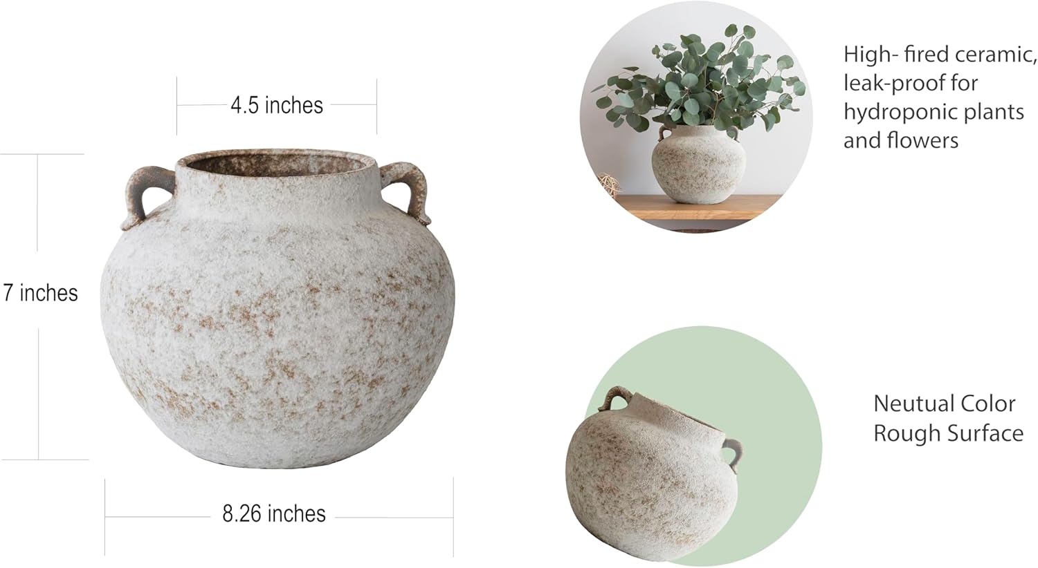 Rustic Farmhouse Textured Ceramic Vase with Two Handles, Distressed White Pottery Flower Vase for Centerpiece, Decorative Vases for Living Room, Kitchen, Table Top Decor, Gift & Weddings