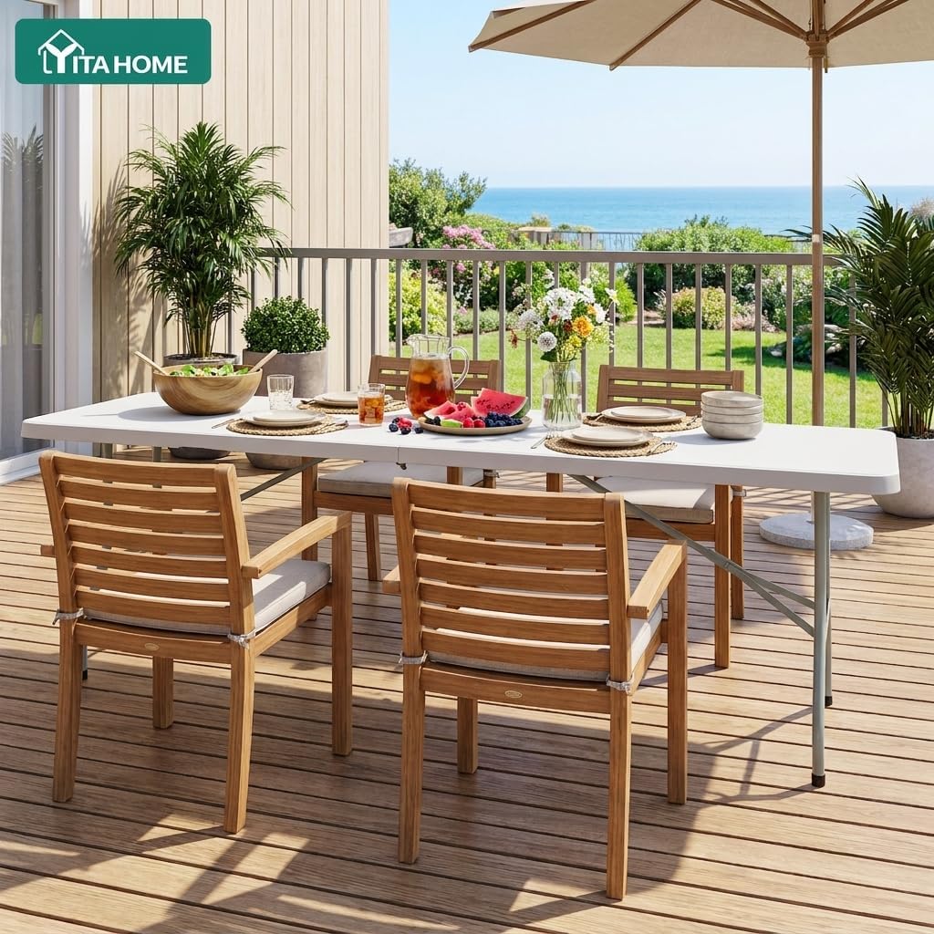 YITAHOME White Folding Table, Heavy Duty Rectangular Folding Table 8 Ft Long, Plastic Portable Table for Outdoor Indoor Banquet Party Wedding Event Dining Setup