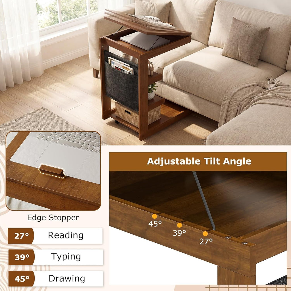 Byroce C Shaped End Table, Rolling Side Table with Adjustable Desktop, 4 Lockable Wheels, Storage Shelves & Edge Stopper, Modern Couch Tray Table for Sofa, TV, Living Room, Bedroom & Office (Brown)