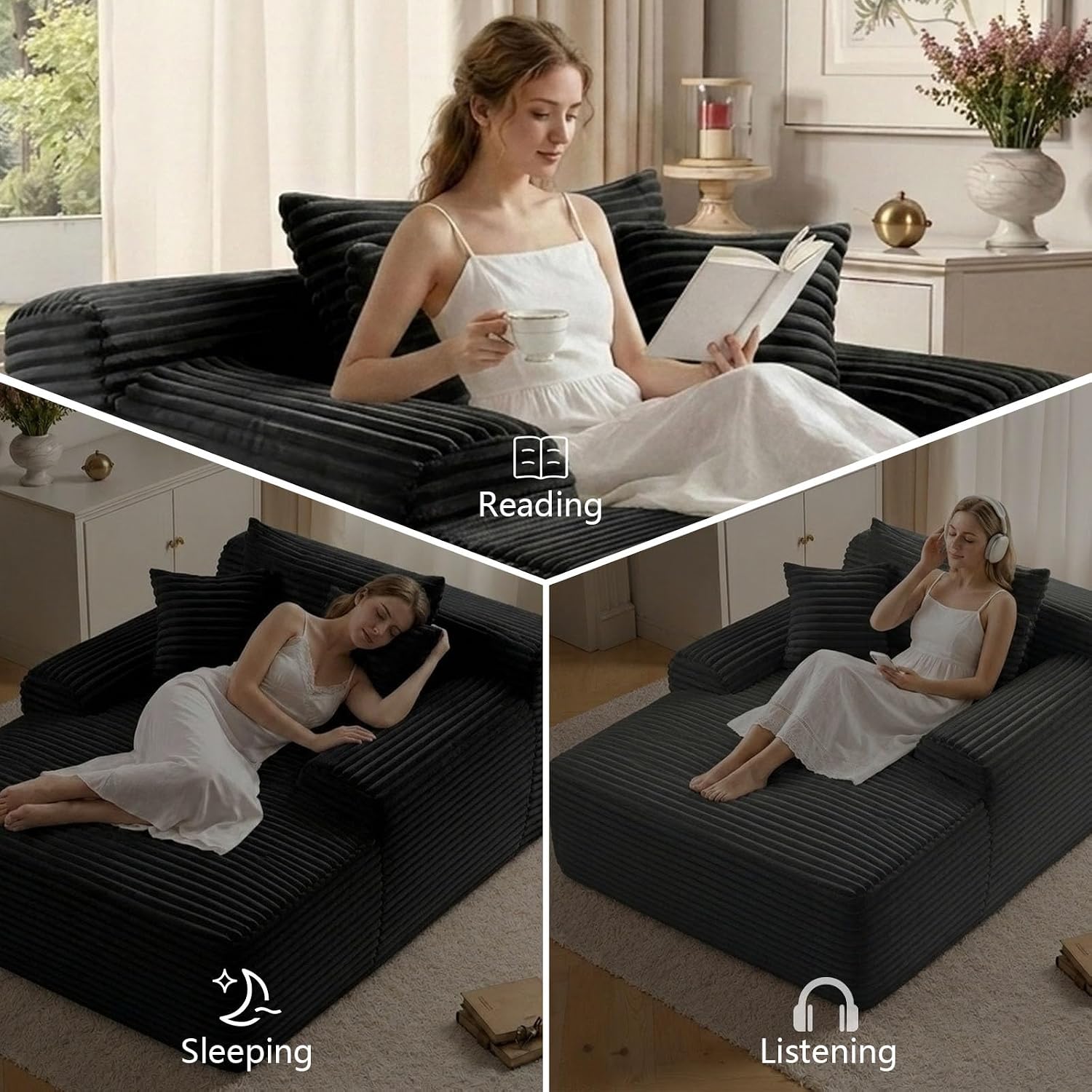 ODUWA 65" Oversized Chaise Lounge Chair Indoor, Boneless Cloud Couch Chair with Wide Armrest 3 Pillows, Comfy Cozy Sofa Bed Couches for Living Room No Assembly Require, Black
