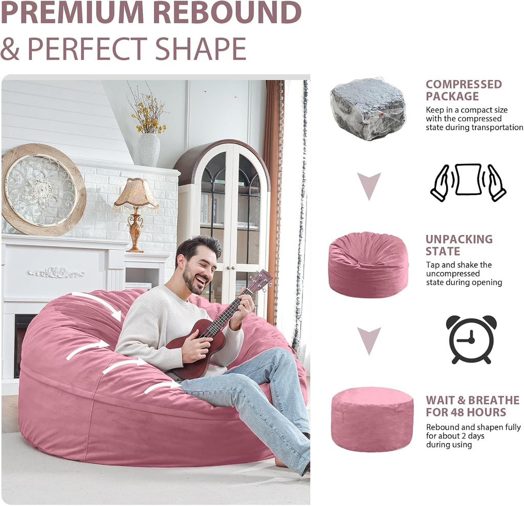 5FT Bean Bag Chair, Large Bean Bag Chairs with Memory Foam Filled, Fluffy Beanbag Sofa with Dutch Velvet Cover, Round BeanBag Chairs for Living Room, Playroom - Dusty Pink