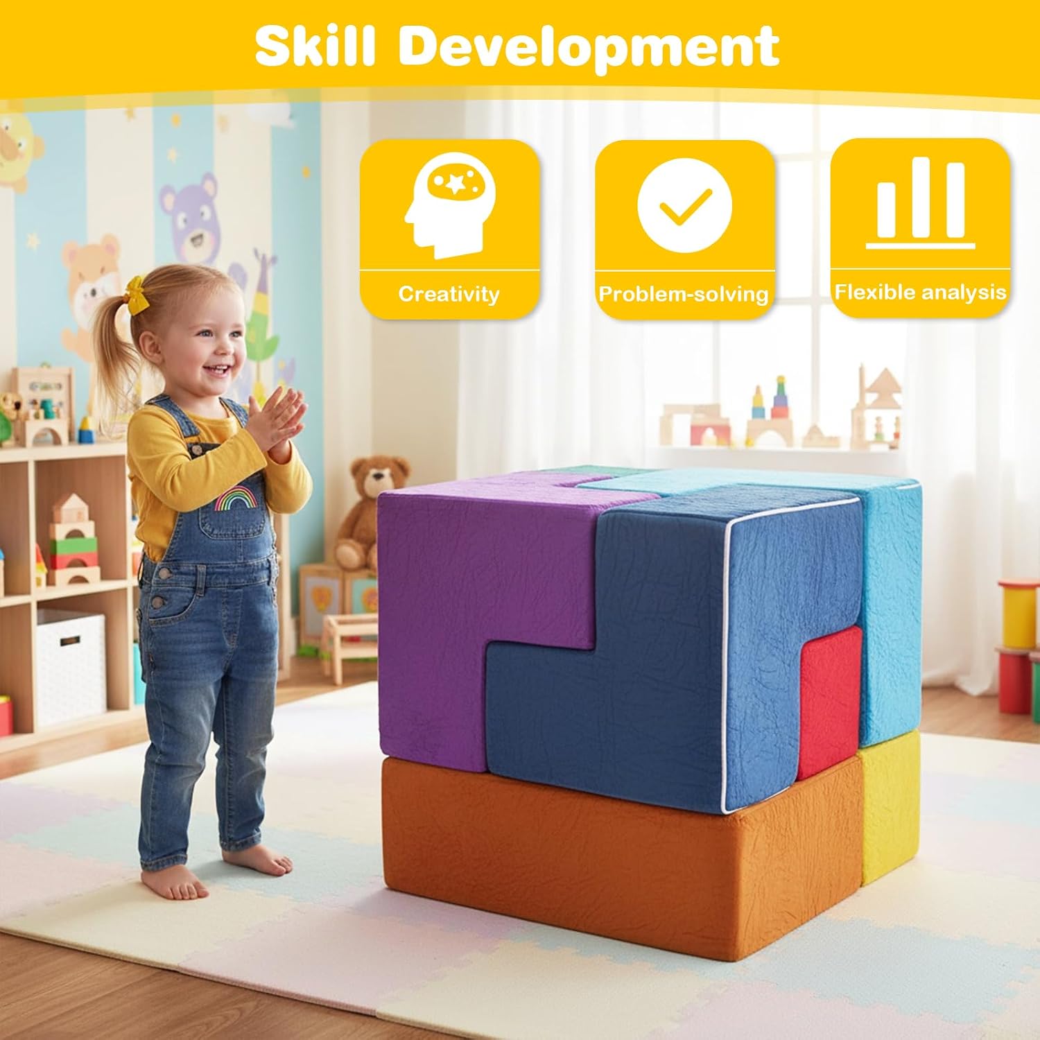 7Pcs Elastic Sponge Toddler Cushions Washable Inspiring Creativity Blocks Chair Wear Resist for Kids Bedroom Playroom Furnitures