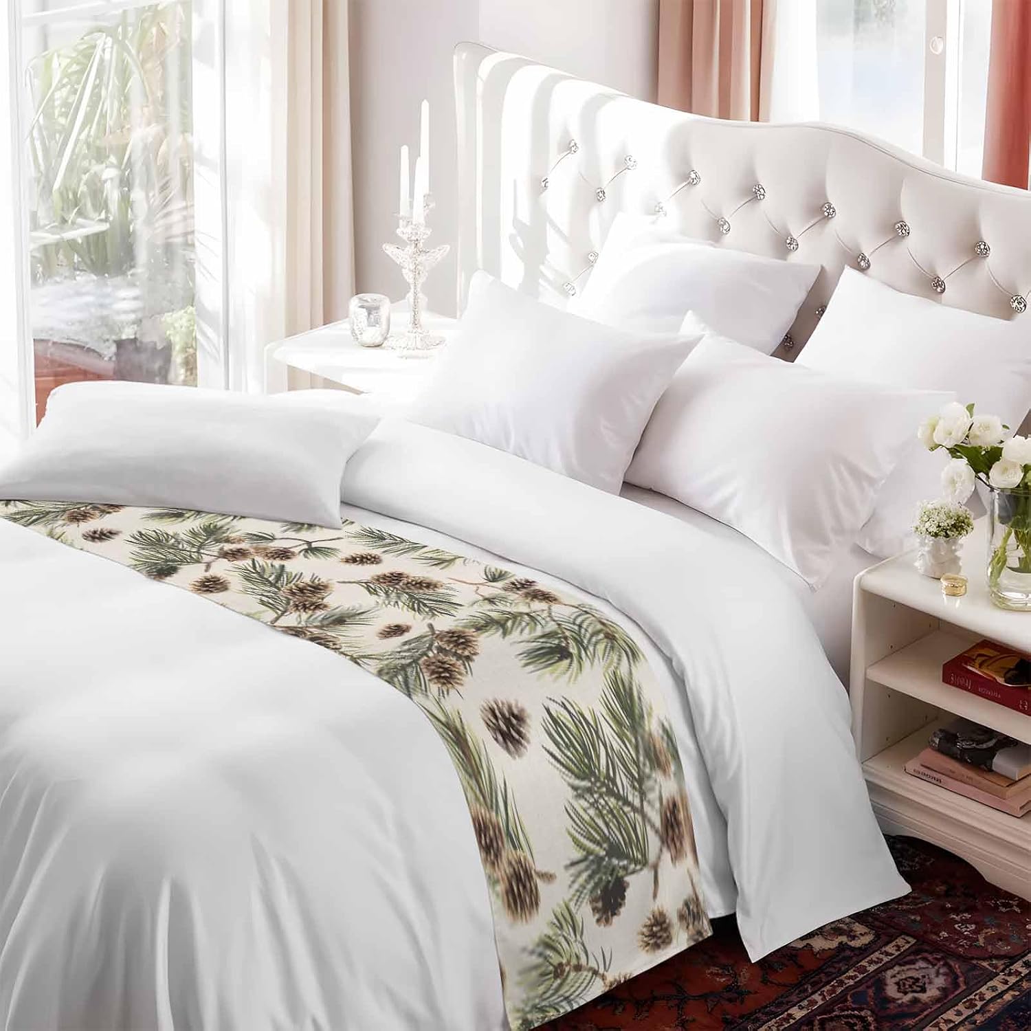 Yukro Brown Pine Cones Bed Runner Scarf, Green Leaves Branch Vintage Linen Twin Bed Scarf Runner, No Fading Decorative Bedding Scarf for Bedroom Hotels Homes and Guestrooms
