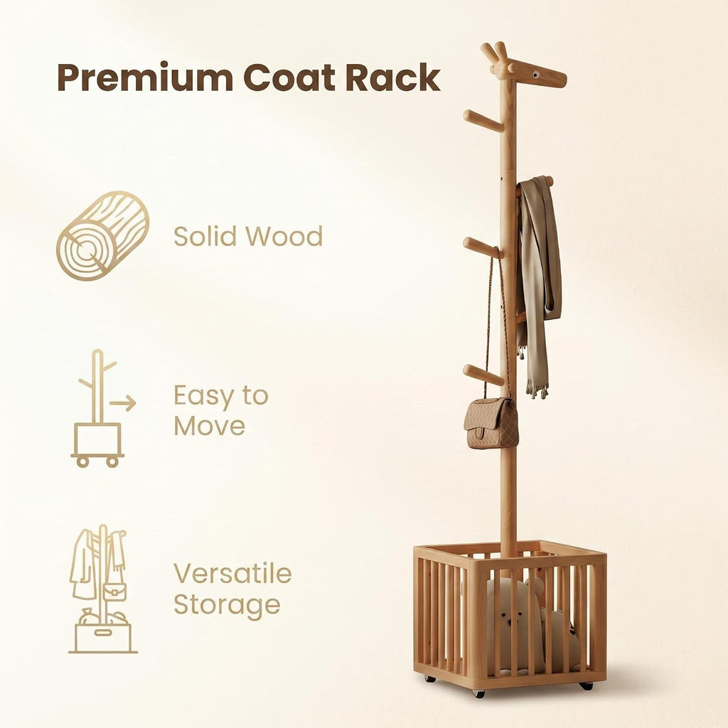 AQIMUELE Solid Wood Coat Rack, Freestanding Coat Rack with 6 Hooks, Natural Wooden Clothes Rack for Bedroom, Kids Room, Hallway, Entryway