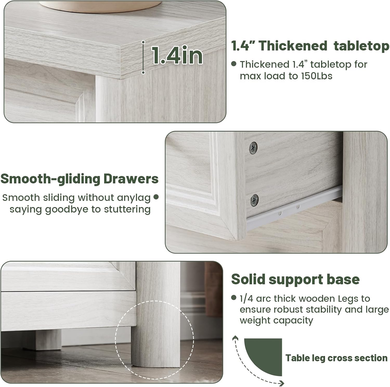 White Nightstand with 3 Drawers, Wood Night Stand with Metal Knobs, Farmhouse Bed Side Table for Bedroom, Modern End Table for Living Room Home Office Storage 1PC