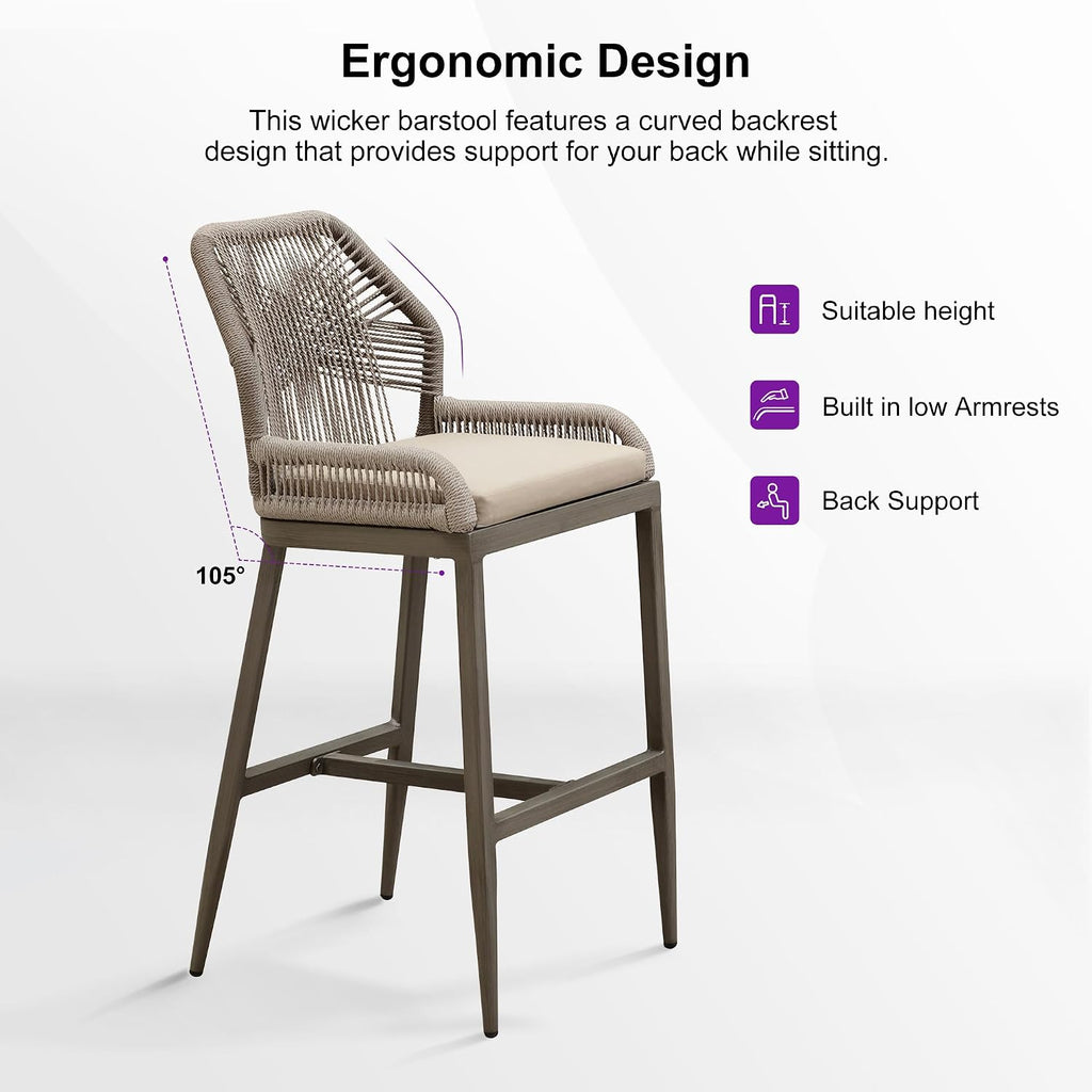 PURPLE LEAF Patio Bar Stools 28" H Set of 4 Handwoven Wicker Bar Height Stool Modern Aluminum High Bar Chairs Outdoor Wicker Barstools with Back and Khaki Cushion for Kitchen Pool Island