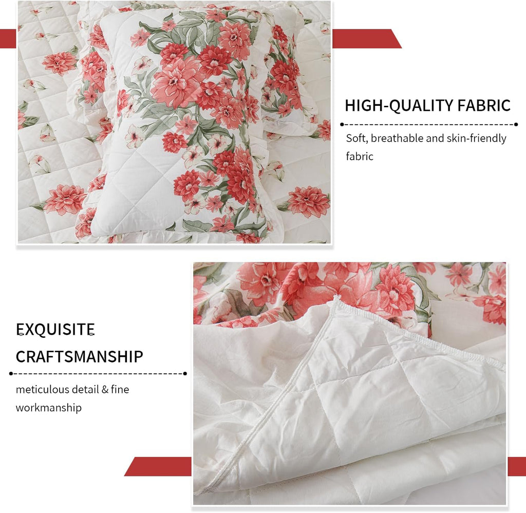 Ruffled Comforter Set King with Attached Bed Skirt, 3 Piece Skirted Comforter Bedding Set, Shabby Chic Floral French Country Comforter with Bedskirt Ruffled Dust Ruffle Design for Farmhouse Bedroom