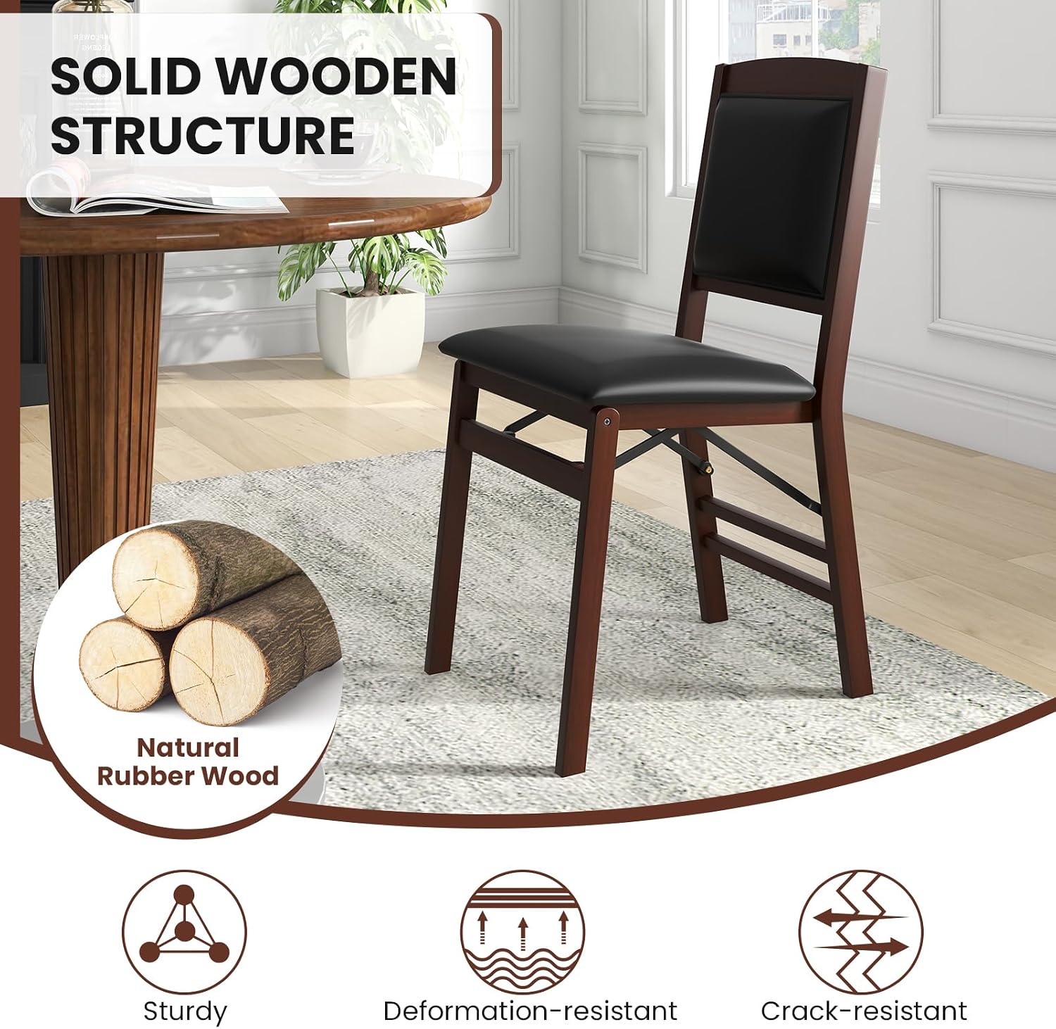 COSTWAY Solid Wood Folding Dining Chairs Set of 2 with Padded Seat, Brown | 400 LBS Load Bearing, No Assembly Needed, Upholstered PVC Leather Seat and Back, Vintage Foldable Chairs for Dining Room