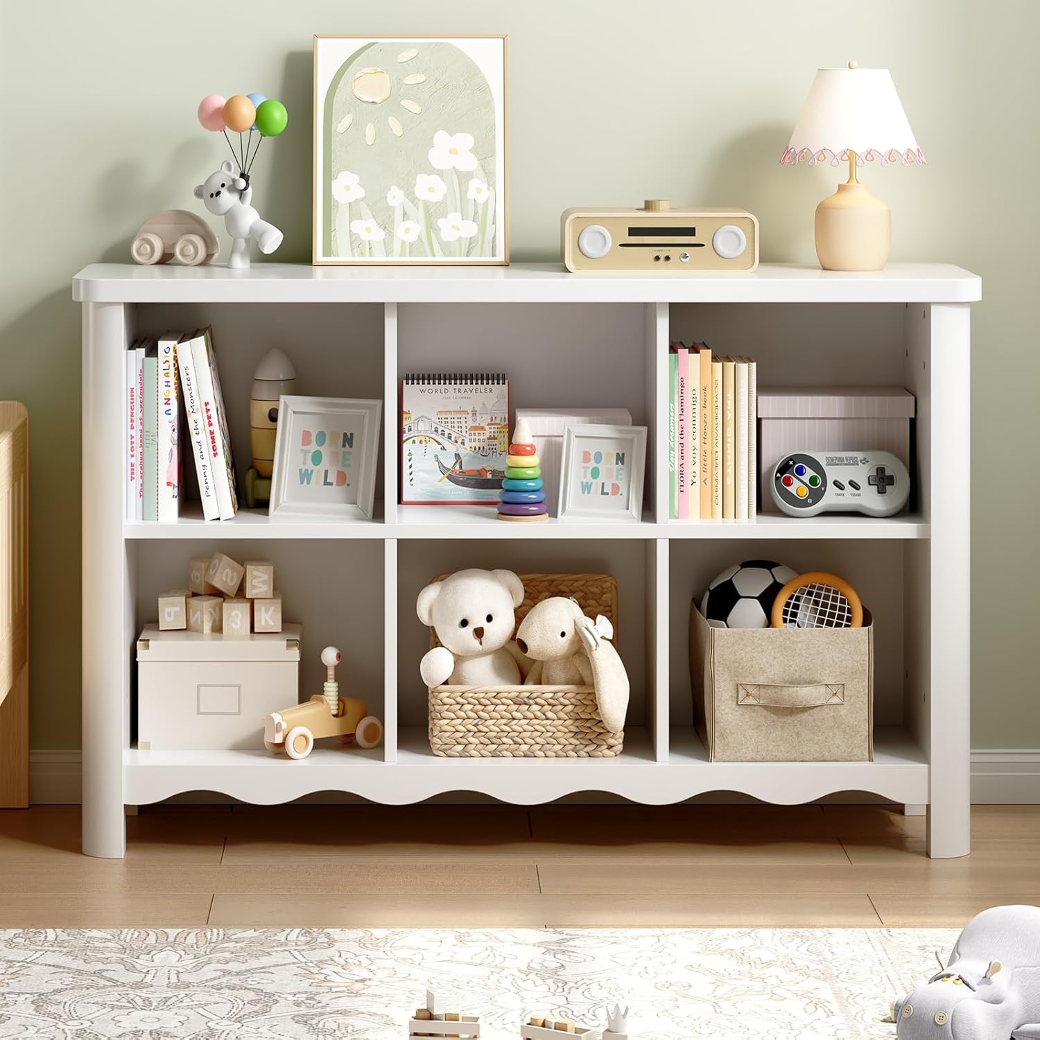 6 Cube Storage Organizer, 28 Inch Kids Low Storage Cabinet, Toddler Toy Storage Bookcase and Bookshelf for Kids Rooms, Playroom, Nursery, Living Room, Rounded Corners & Anti-Tip