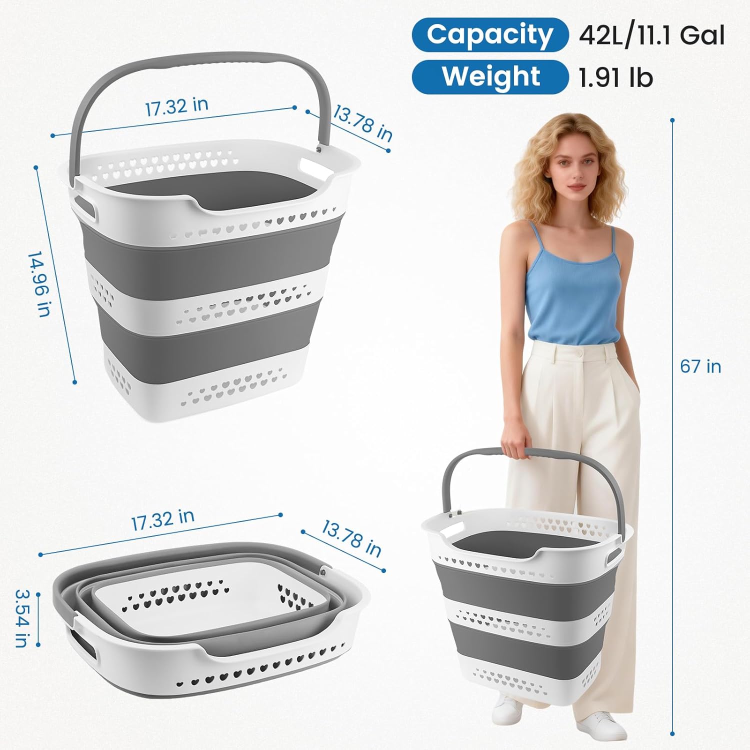42L Collapsible Laundry Baskets with Handle, Large Laundry Hamper Plastic for Dirty Clothes, Pop Up Hampers Portable Bin Storage Basket Organizer for Home Dorm Room Organization RV Camping Essentials