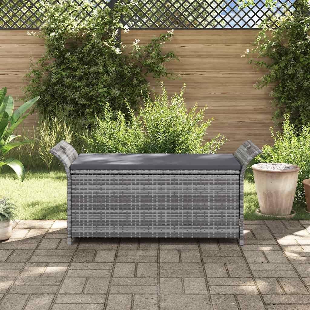 Poly Rattan Patio Storage Bench with Cushion Gray, 54.3 Inch Waterproof PE Storage Bench for Outdoor Use, Large Space with Removable Polyester Cover