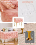 IBUYKE Rectangular Faux Fur Vanity Stool with Storage, Pink WBD022P | Furry Makeup Chair Ottoman Soft Padded Seat Round Footrest Footstools 4 Metal Legs Living Room Bedroom Entryway