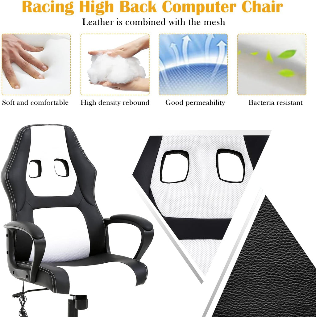Gaming Chair Ergonomic Office Chair, High Back Racing Desk Chair with Lumbar Support Armrest, Adjustable Massage Reclining Computer Chair PU Leather Executive Task Rolling Swivel Chair for Adults