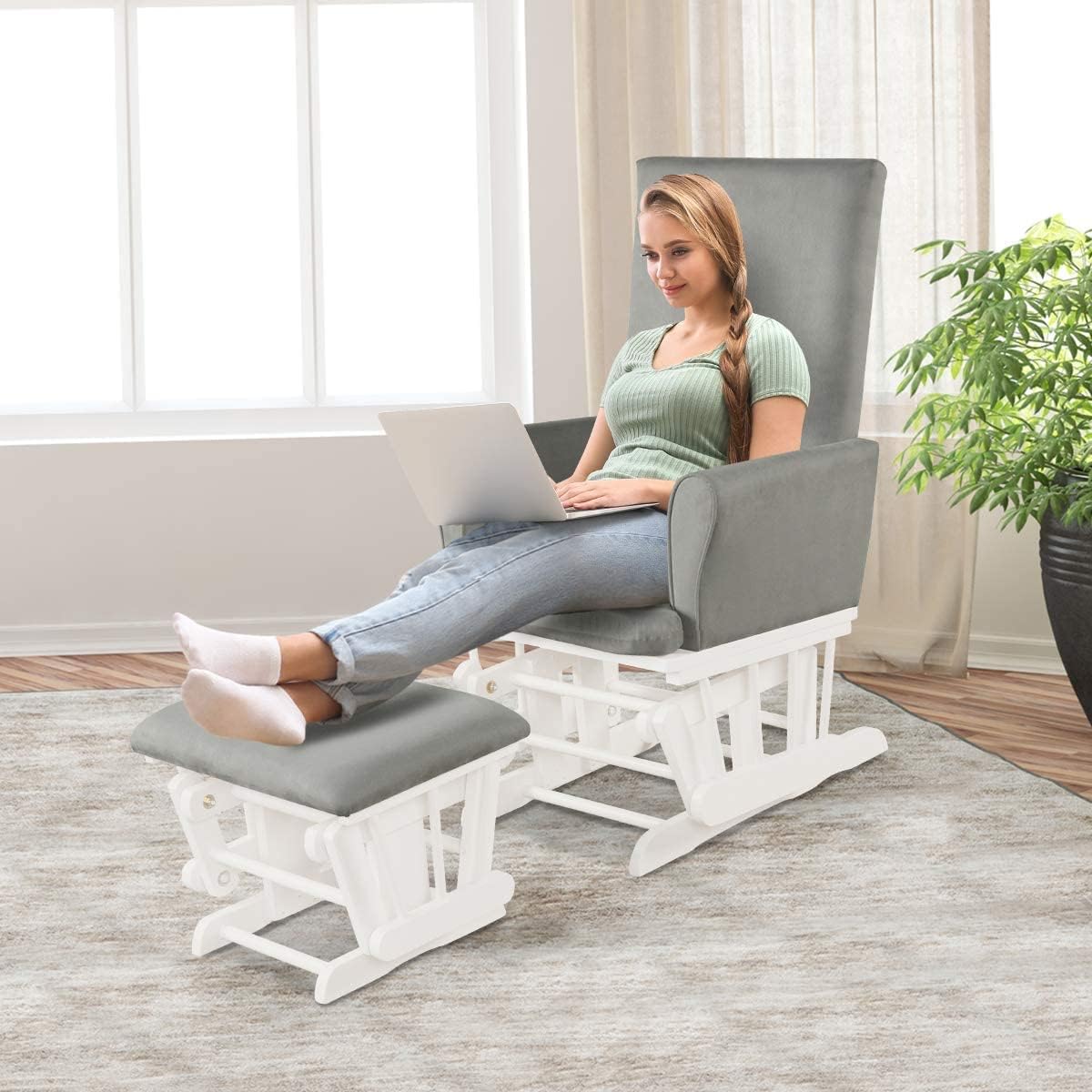 LDAILY LUARANE Hoop Glider and Ottoman Cushion Set, Wooden Rocking Nursery Chair with Cushioned Armrests Detachable Cover, Upholstered Glider with Nursing Ottoman for Napping Nursing Reading (Grey)