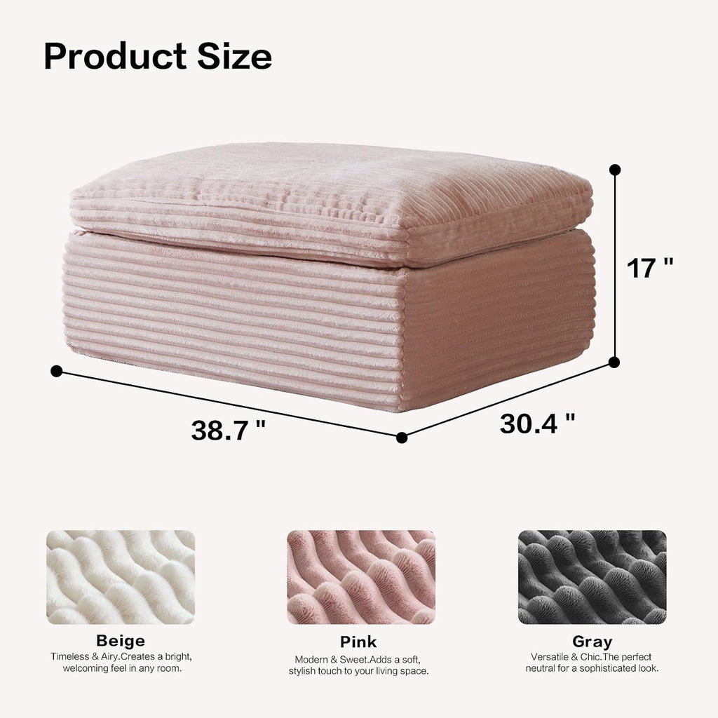 38.7" Plush Corduroy Ottoman, Upholstered Cloud Ottoman for Boneless Couch in a Box,Oversize Poufs for Living Room & Bedroom Sofa Ottoman,Comfy Seating with Dense Foam Padding,Pink