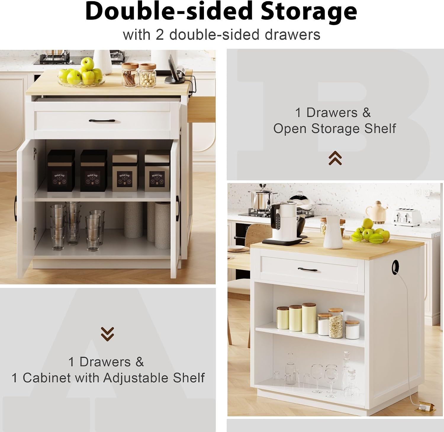82.7” Kitchen Island with Extendable Dining Table for 4-6 Person, Two-Tone Dining Table with Double-Sized Storage, Power Outlet, Kitchen Island with 2 Side Open Shelves Storage, White