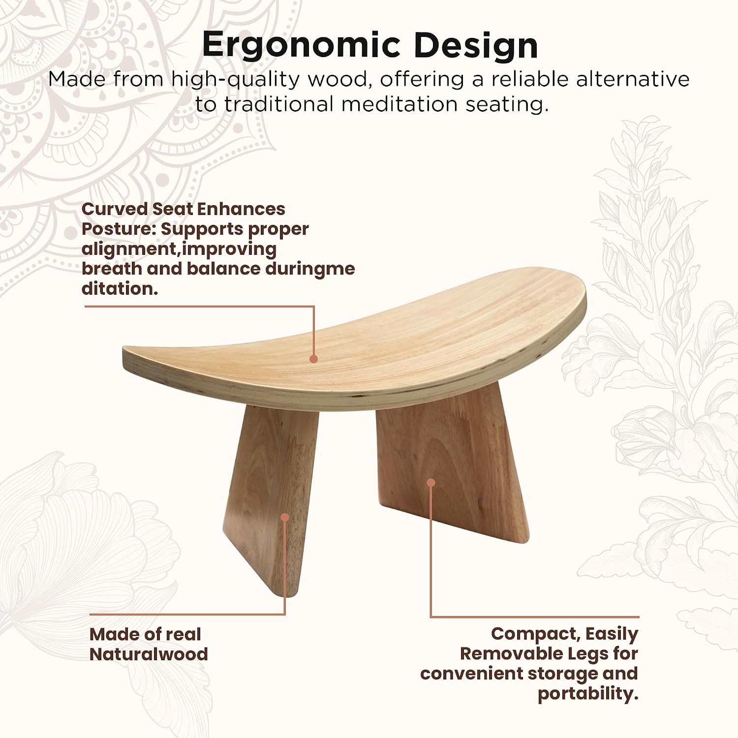 Wooden Meditation Bench for Seiza & Yoga Practice - Ergonomic Kneeling Prayer Stool with Curved Seat - Natural Floor Bench for Meditation, Mindfulness, Prayer & Yoga Sessions