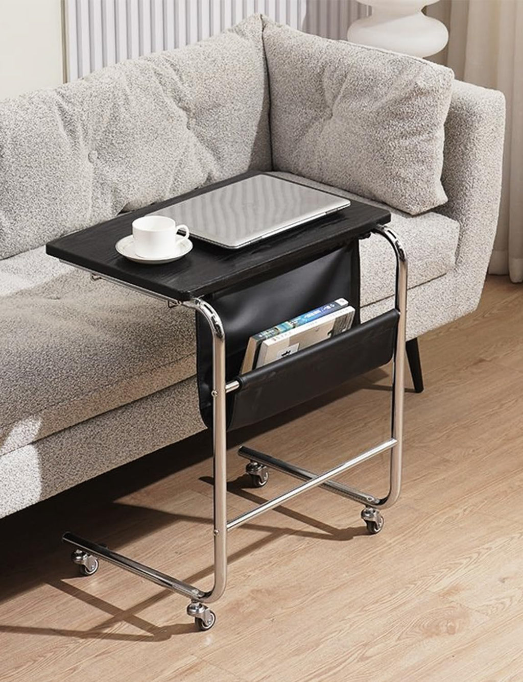C-Shaped End Table, Movable Side Table for Couch, Sofa Table with Wood Top and Chrome Frame for Living Room, Bedroom, Bedside, Four Flexible Wheels, Black and Silver