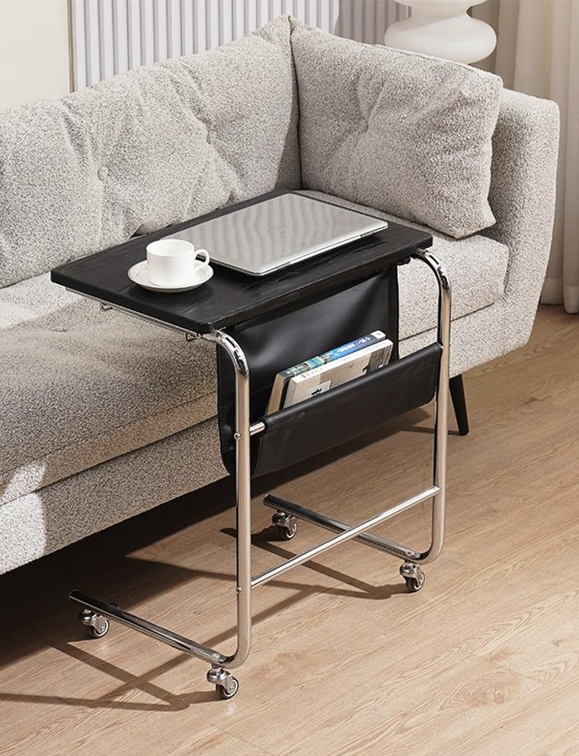 C-Shaped End Table, Movable Side Table for Couch, Sofa Table with Wood Top and Chrome Frame for Living Room, Bedroom, Bedside, Four Flexible Wheels, Black and Silver