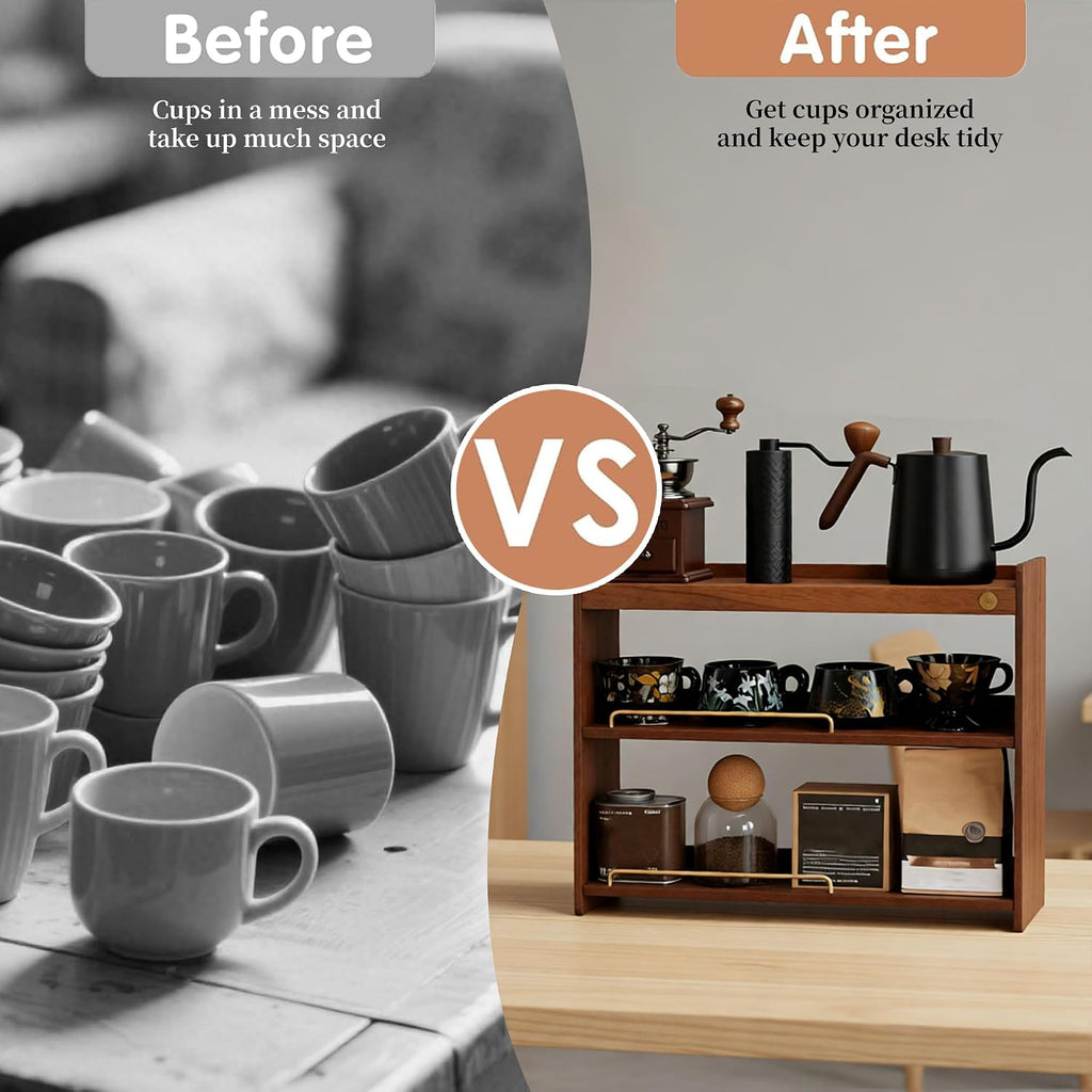 Wooden Cup Holder Walnut 3 Tier Shelf Organizer | Coffee Station Organizer, For Kitchen Home