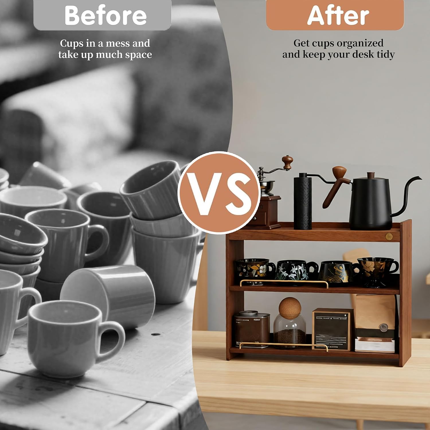 Wooden Cup Holder Walnut 3 Tier Shelf Organizer | Coffee Station Organizer, For Kitchen Home