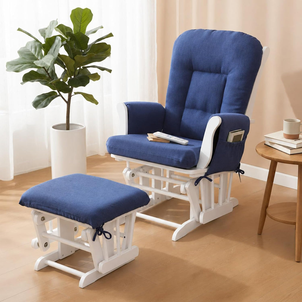 Boshen 5PCS Glider Rocker Replacement Cushions with Ottoman Cover, 3.5" Thick High Back Rocking Chair Cushion Set with Side Pockets for Indoor Nursery Glider Chair, Washable and Non Slip, Blue