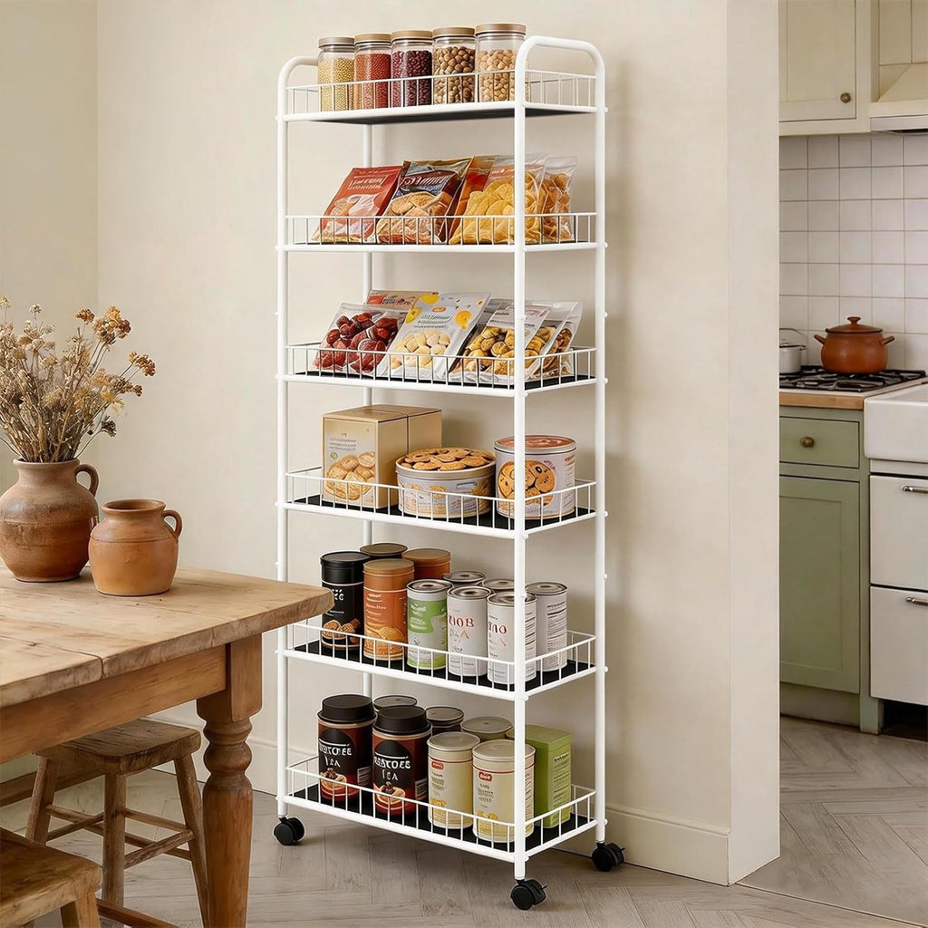 10in Slim Storage Cart, Metal 6-Tier Narrow Rolling Shelf, Sturdy Slim Storage with Hooks Ideal for Kitchen, Bathroom, and Laundry Room (10in White)
