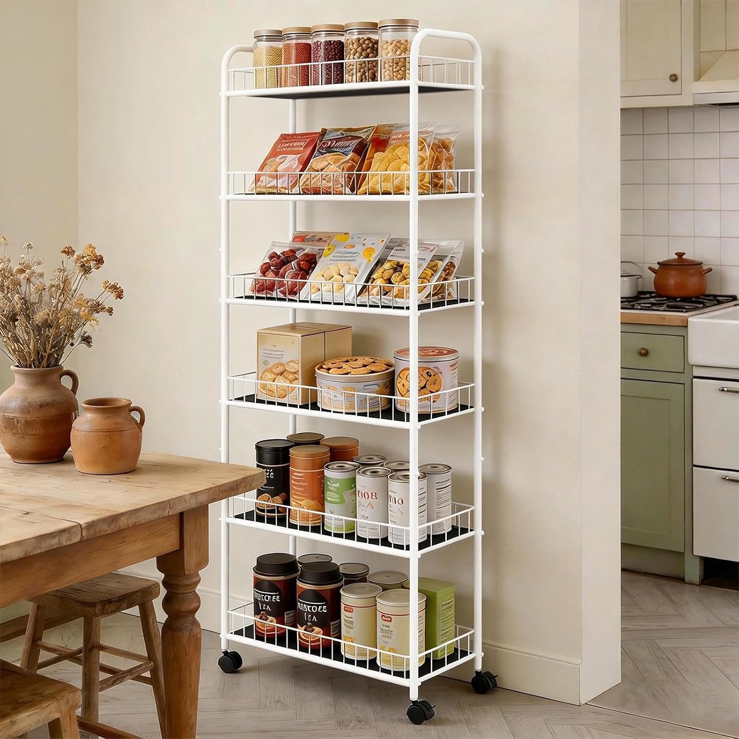 10in Slim Storage Cart, Metal 6-Tier Narrow Rolling Shelf, Sturdy Slim Storage with Hooks Ideal for Kitchen, Bathroom, and Laundry Room (10in White)