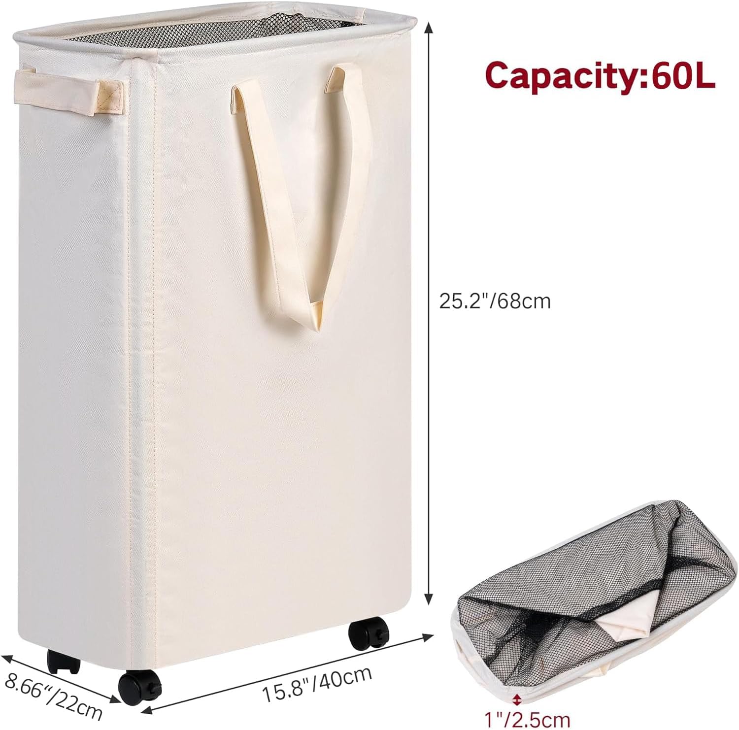 efluky Slim Laundry Hamper with Wheels, Rolling Laundry Basket for Clothes, Small Laundry Basket for Bedroom, Dorm and Laundry Room, 60L (12.7 Gallons) Beige