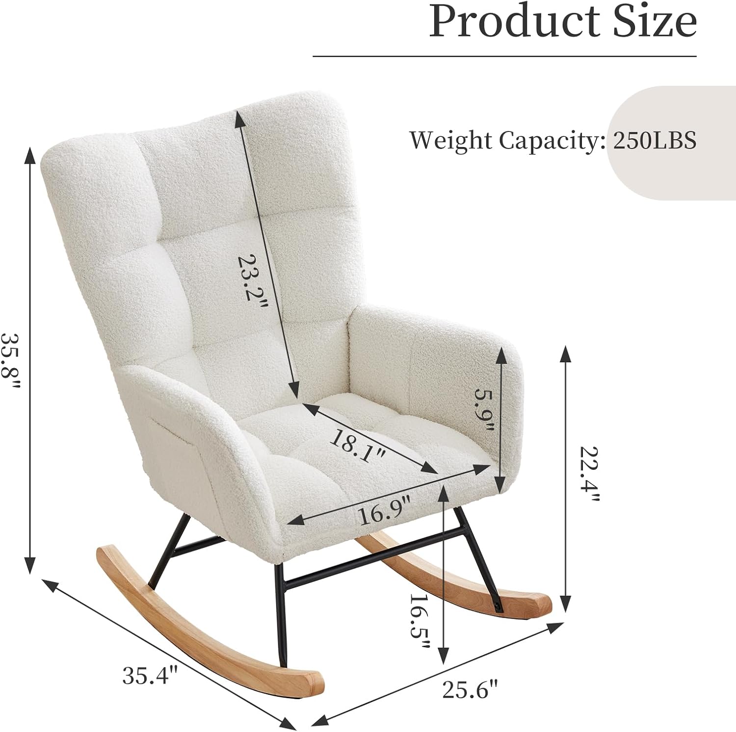 IDEALHOUSE Modern Nursery Rocking Chair, 300lbs Support Teddy Upholstered Glider Rocker with Side Pockets, High Backrest, Armrests, Metal Legs & Wood Base for Living Room, Bedroom Office