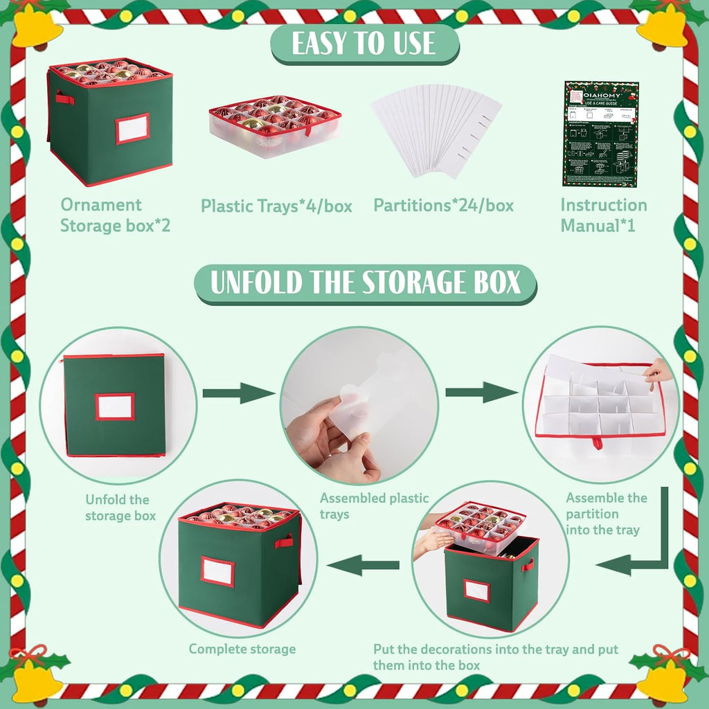 OIAHOMY 2 Pack Ornament Storage Box with Handle, Each Ornament Storage Holds 64 Balls, Christmas Decoration Box Include Plastic Trays and Zip-Lock Lid, Made of 600D Oxford Fabric - Green