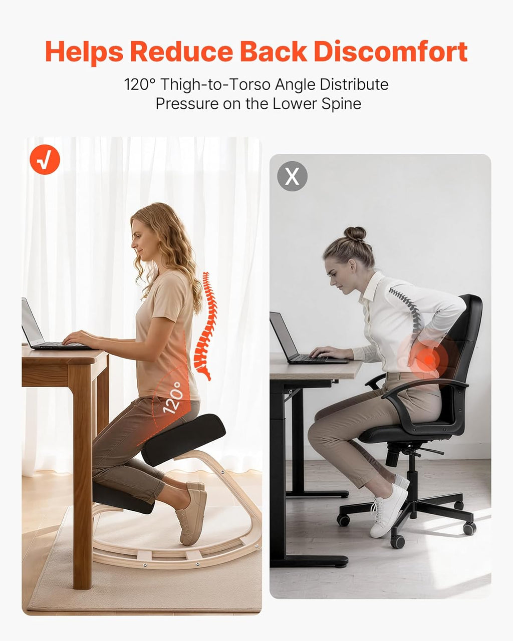 VEVOR Ergonomic Kneeling Chair, Wooden Posture Knee Chair with Thick Foam Cushions and Solid Wood Frame, Adjustable Height, Natural Relief for Neck or Back Pain, Ideal for Home, Office or Meditation