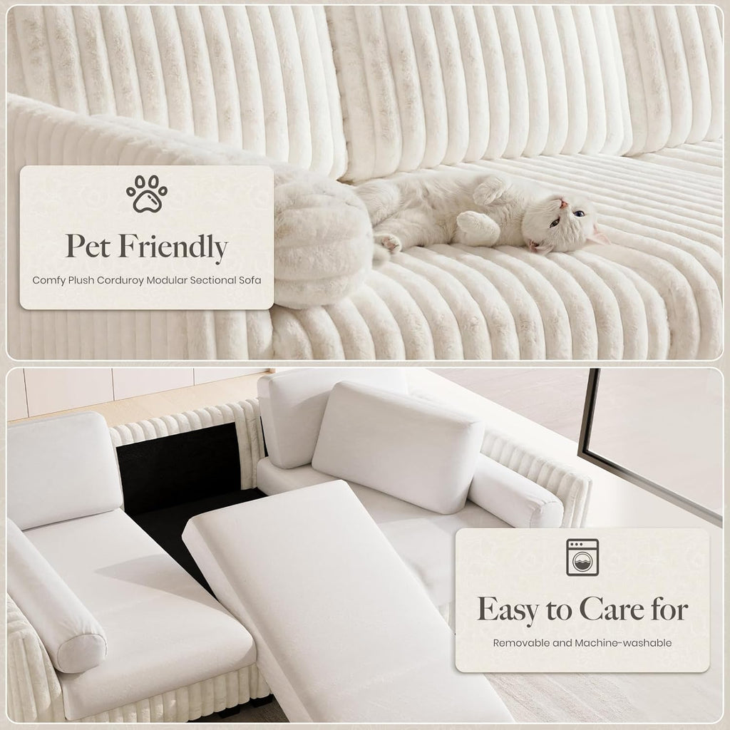 Belffin Plush Corduory Sectional Sleeper Sofa with Wide Deep Seat Modular Sectional Cloud Couches for Living Room. Beige Couch